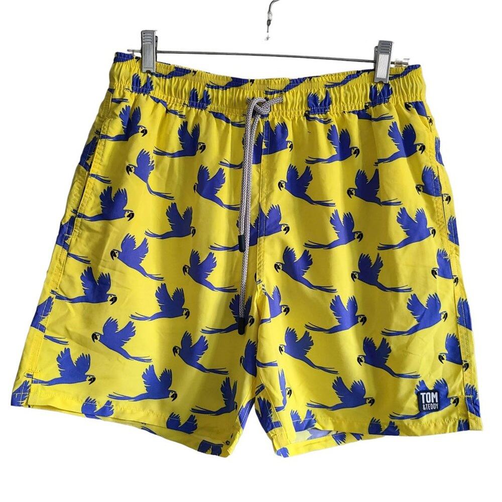 TOM & TEDDY Yellow & Blue Flying Parrots UPF 50+ Quick Dry‎ Swim Shorts Medium
